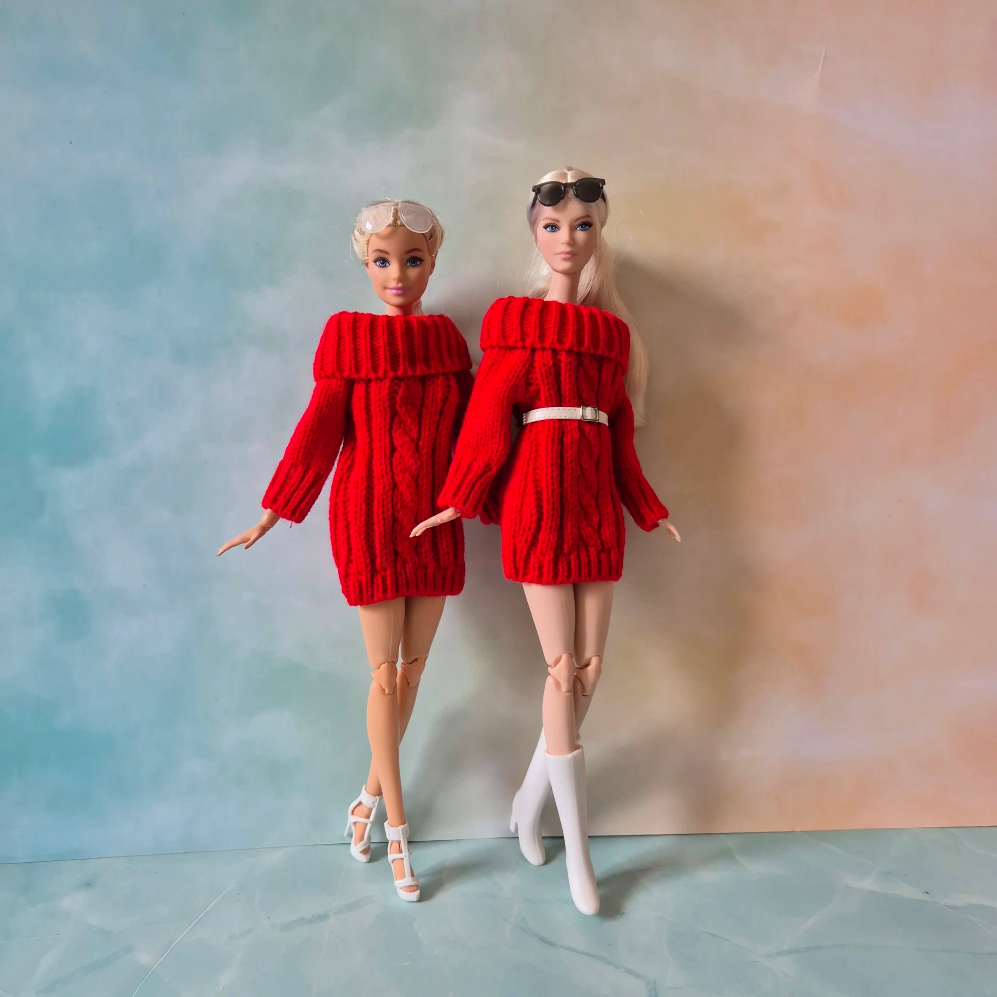 two barbie wear Red Sweater Dress