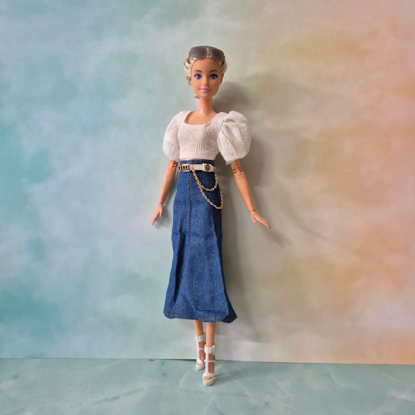 White top and jean skirt for Barbie