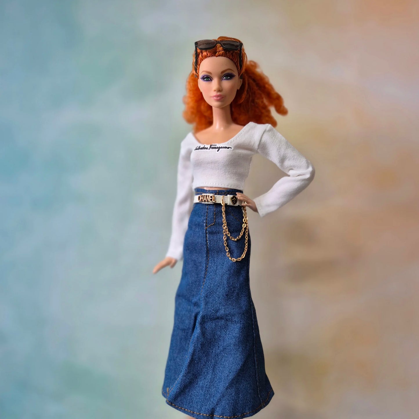 White top and jean skirt for Barbie