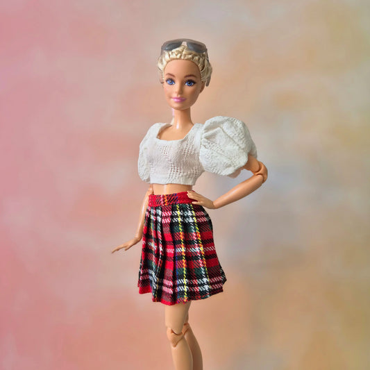 Outfit white top and checkered skirt for Barbie doll