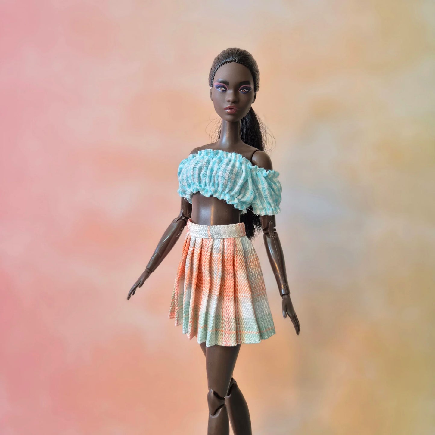 Outfit one shoulder crop top and plate skirt for barbie, 1:6 doll