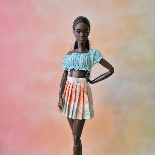 Outfit one shoulder crop top and plate skirt for barbie, 1:6 doll