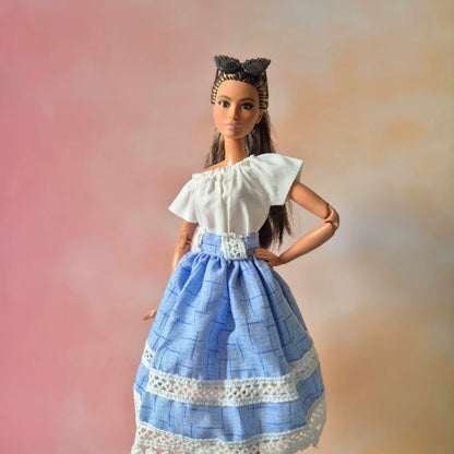 White top and blue skirt for barbie doll