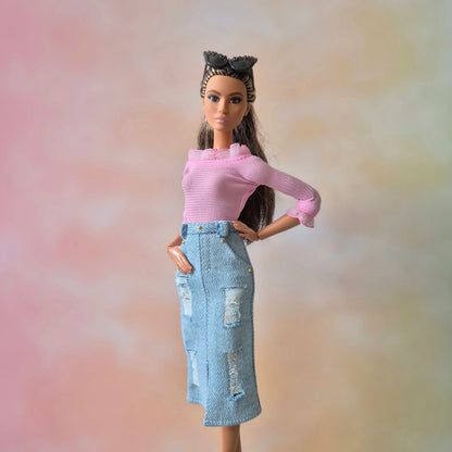 Pink top and Jean skirt for barbie