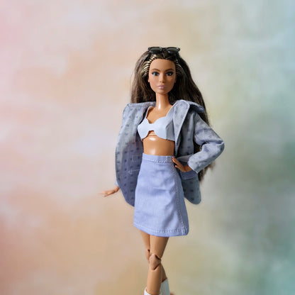 Light Gray Belted Jacket & Pastel Skirt Set for Barbie doll