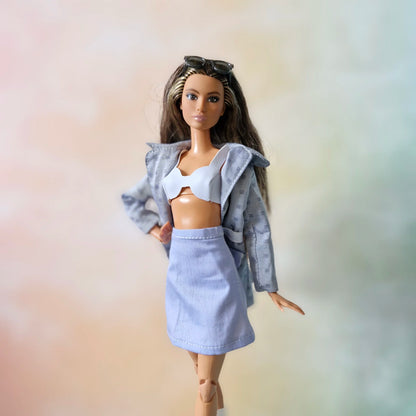 Light Gray Belted Jacket & Pastel Skirt Set for Barbie doll