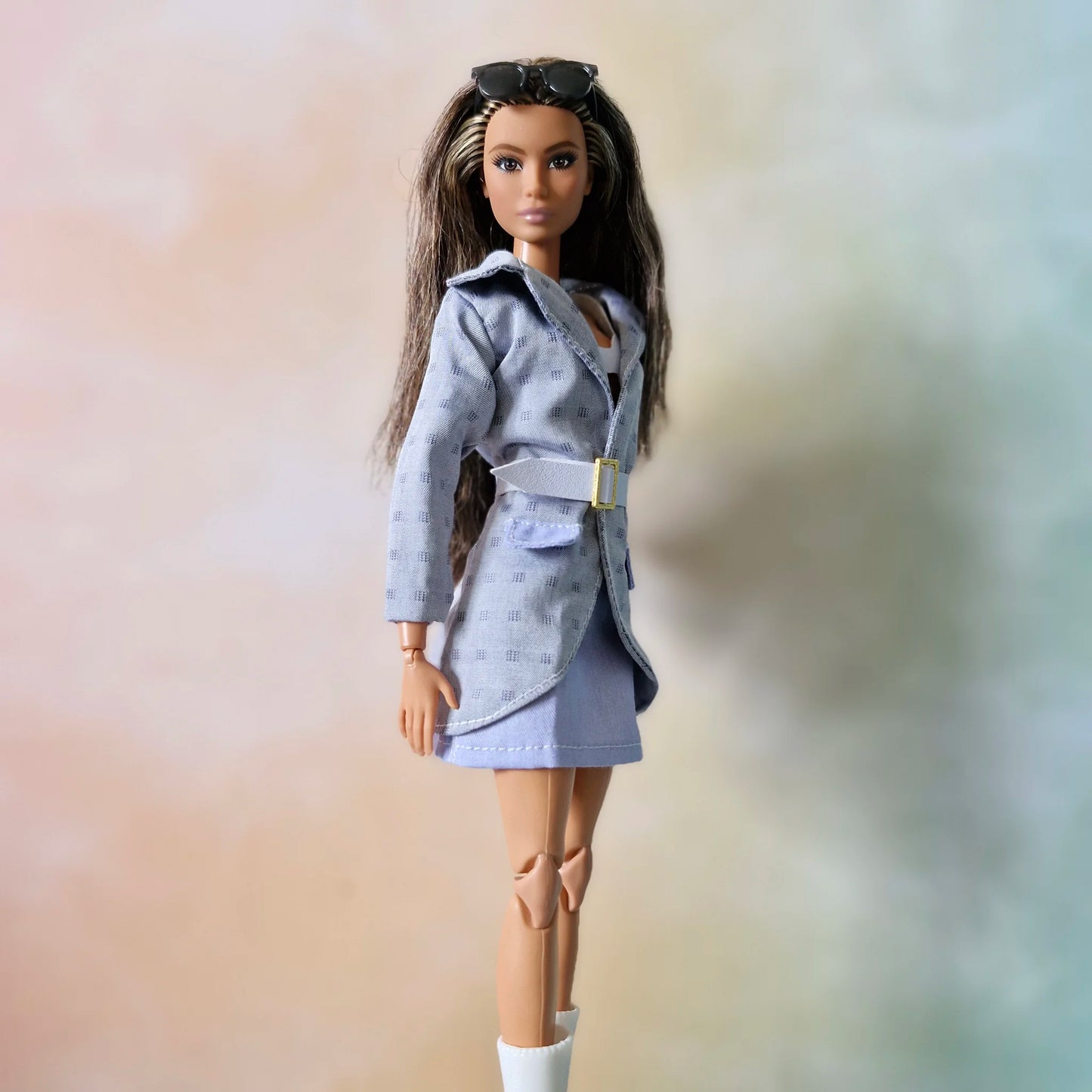 Light Gray Belted Jacket & Pastel Skirt Set for Barbie doll