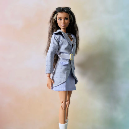 Light Gray Belted Jacket & Pastel Skirt Set for Barbie doll