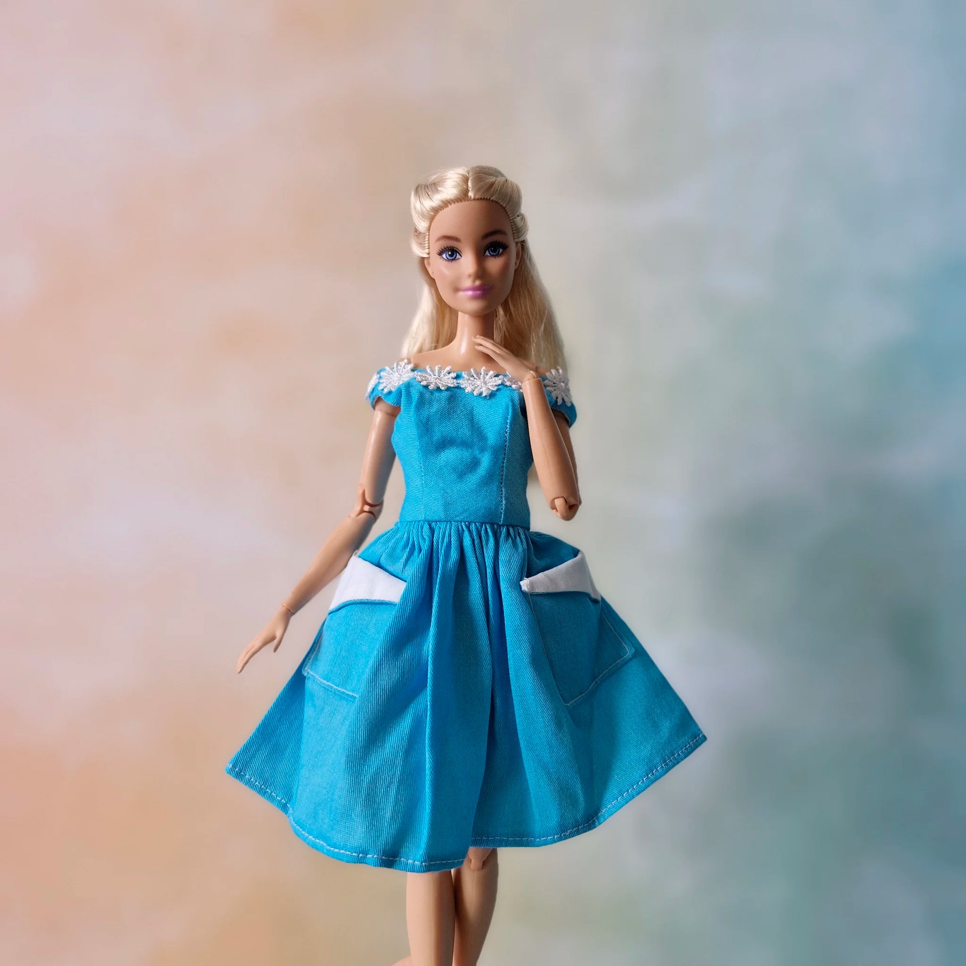 Blue Barbie Doll Dress with Pockets & Lace Neckline – Huonghandmadedoll