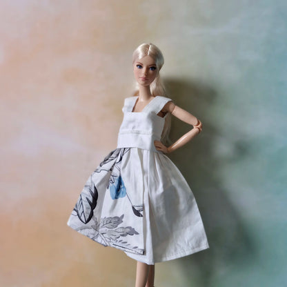 2-piece floral outfit for Barbie doll with white sleeveless dress and blue-trimmed jacket – handmade doll clothes for 11.5-inch fashion dolls