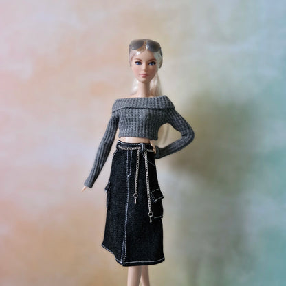 Grey Off-Shoulder Sweater & Black Denim Cargo Skirt for Barbie Doll