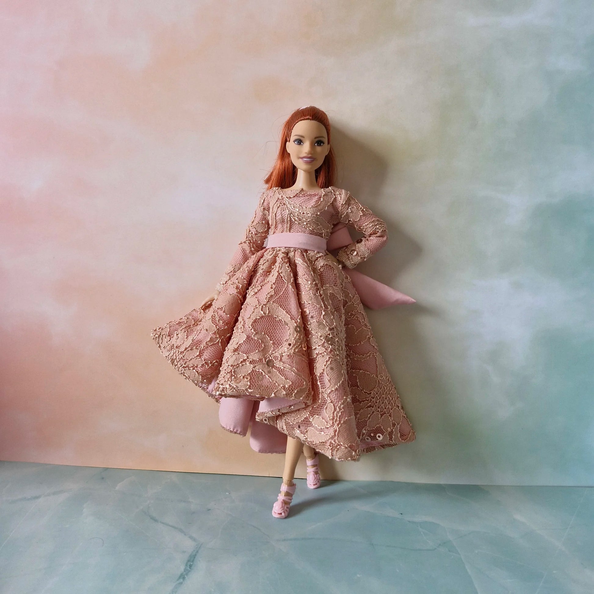 Exquisite Dusty Pink Sequin Lace Gown for Barbie Curvy Doll Huonghandmadedoll Exquisite Dusty Pink Sequin Lace Gown for Barbie Curvy Doll Huonghandmadedoll