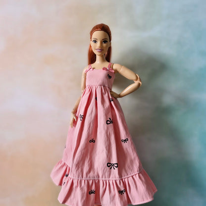 Stylish Barbie Doll Outfit – Pink Bow Maxi Dress with Black  T-shirt