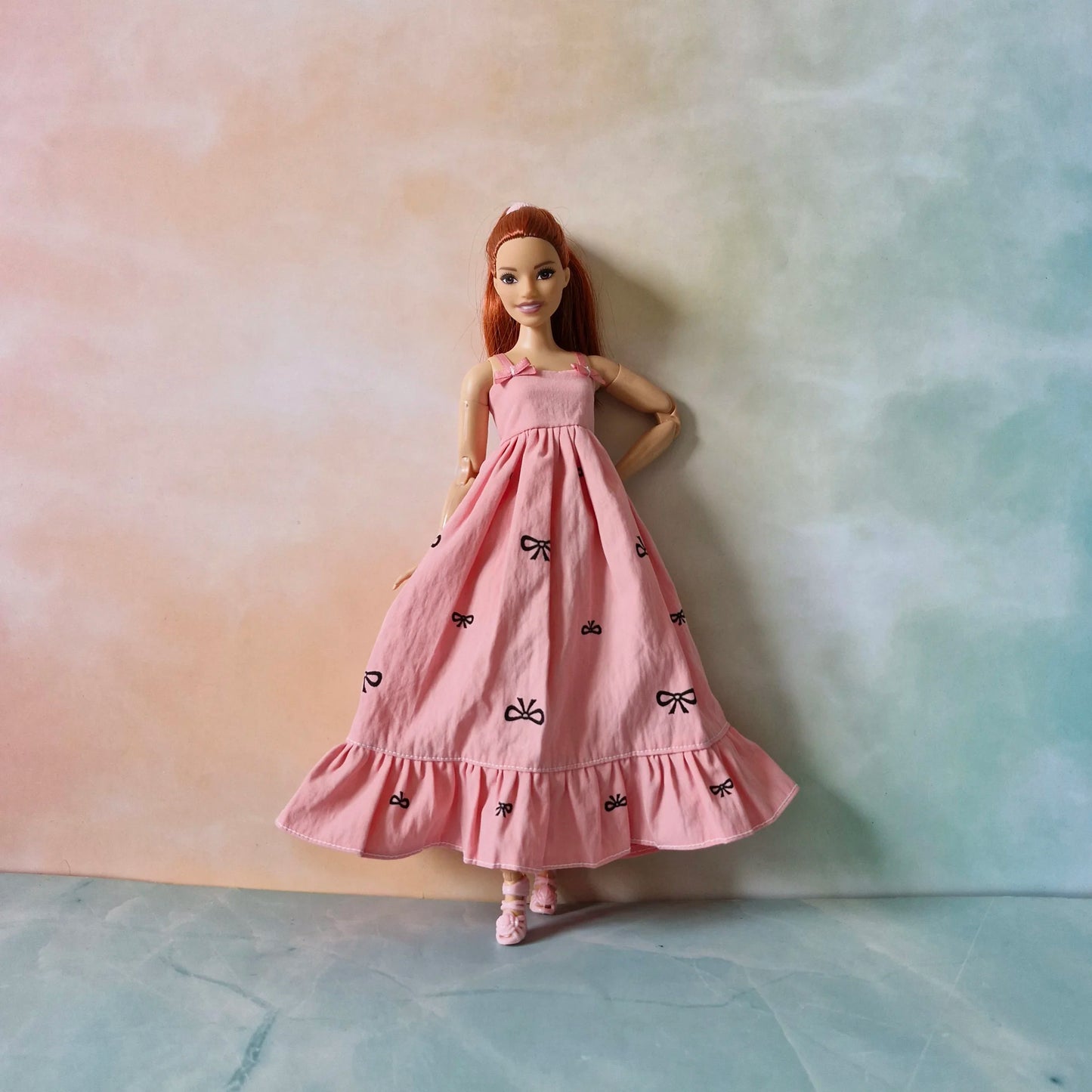 Stylish Barbie Doll Outfit – Pink Bow Maxi Dress with Black  T-shirt