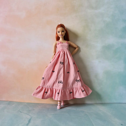 Stylish Barbie Doll Outfit – Pink Bow Maxi Dress with Black  T-shirt