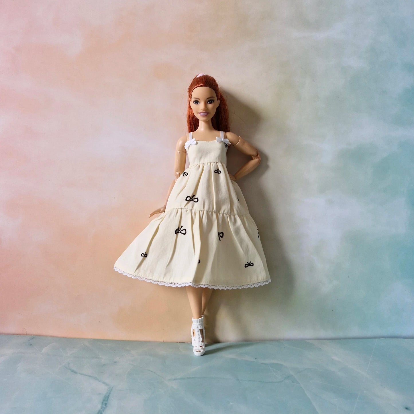 Chic Bow Print Tiered Sundress & T-Shirt Set for Barbie Dolls