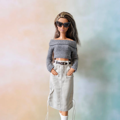 White top and khaki skirt with belt for barbie doll