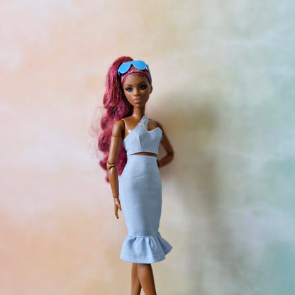 Barbie Pastel Blue Asymmetrical Crop Top  and Skirt Set