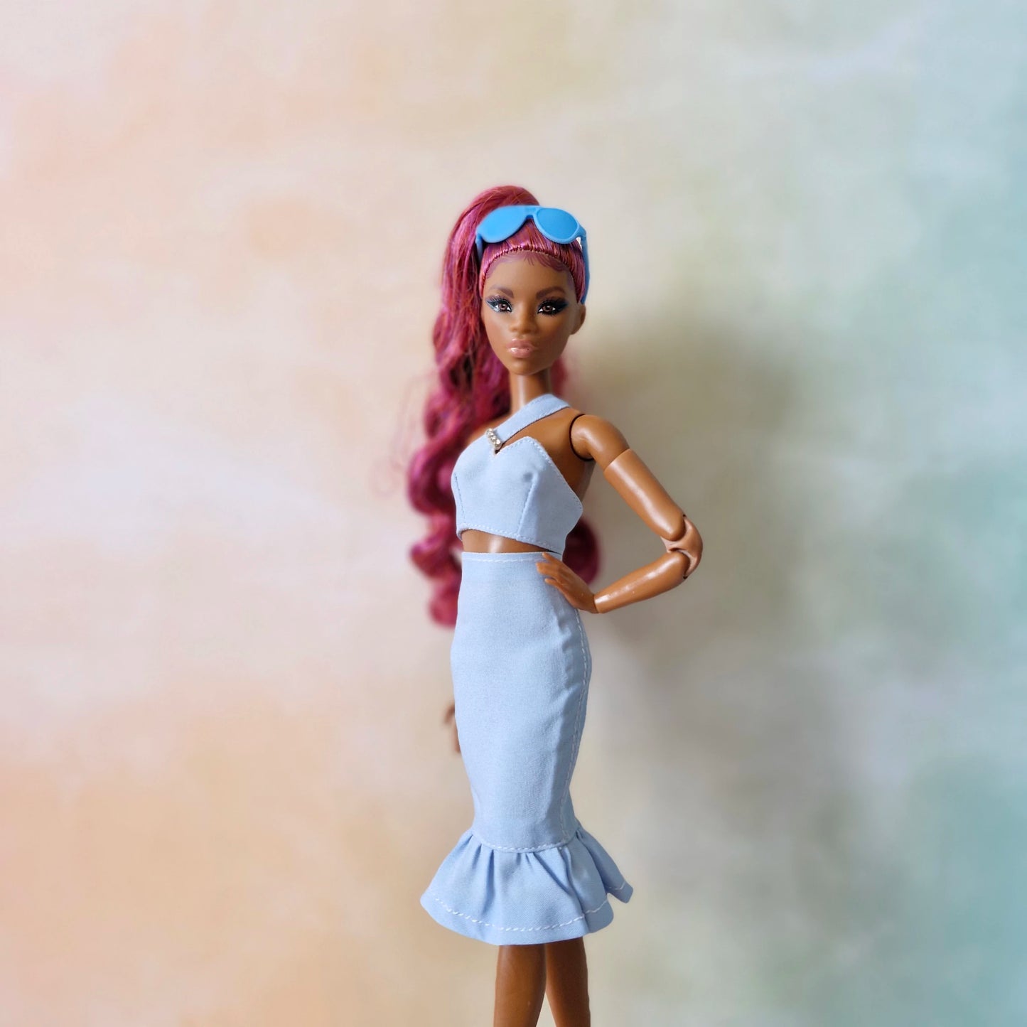 Barbie Pastel Blue Asymmetrical Crop Top  and Skirt Set