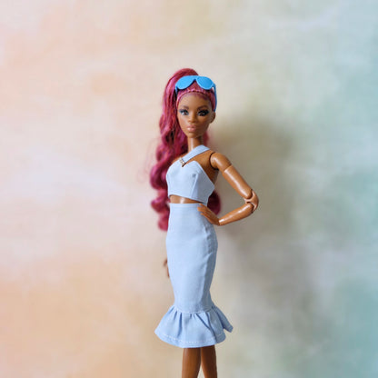 Barbie Pastel Blue Asymmetrical Crop Top  and Skirt Set