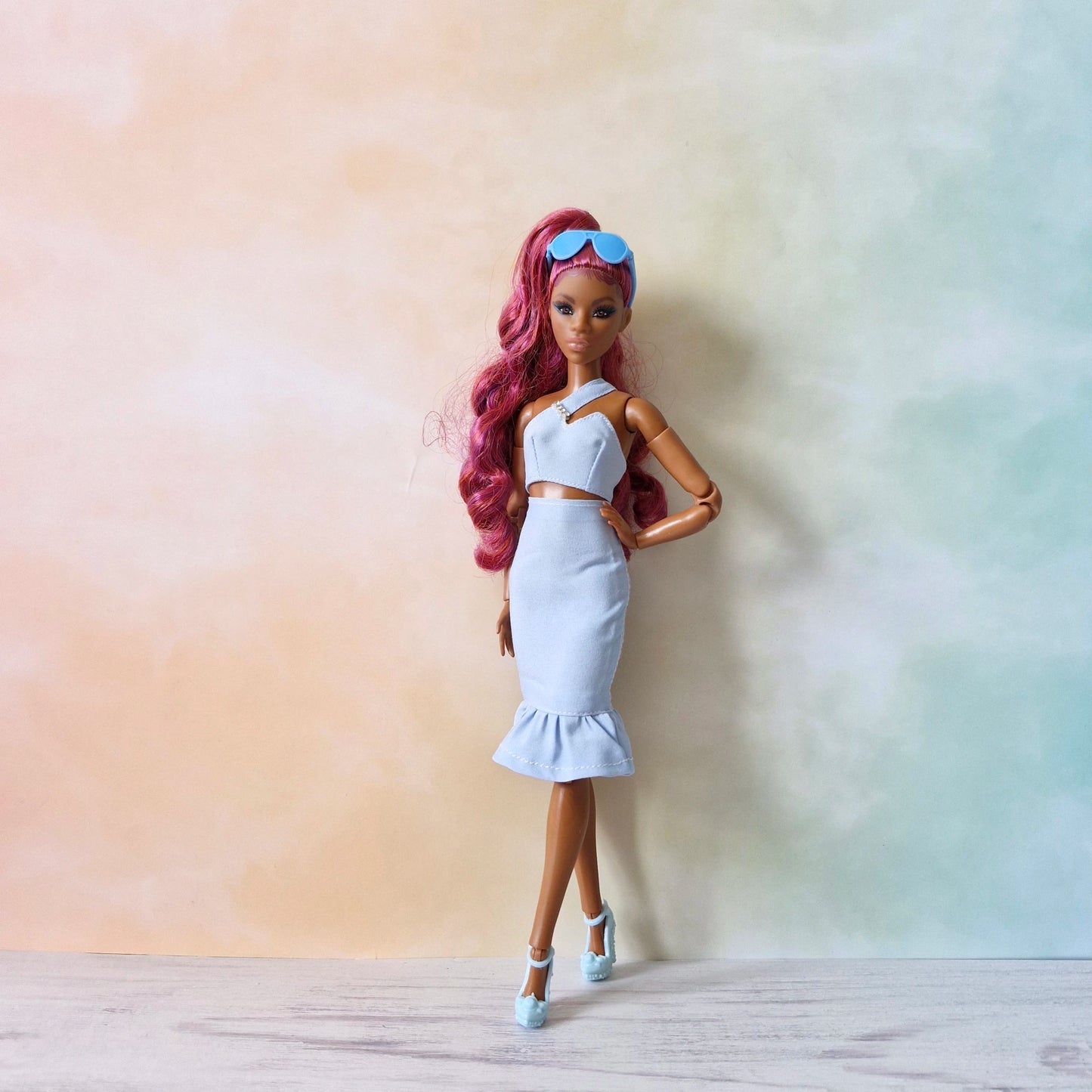 Barbie Pastel Blue Asymmetrical Crop Top  and Skirt Set