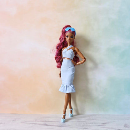 Barbie Pastel Blue Asymmetrical Crop Top  and Skirt Set