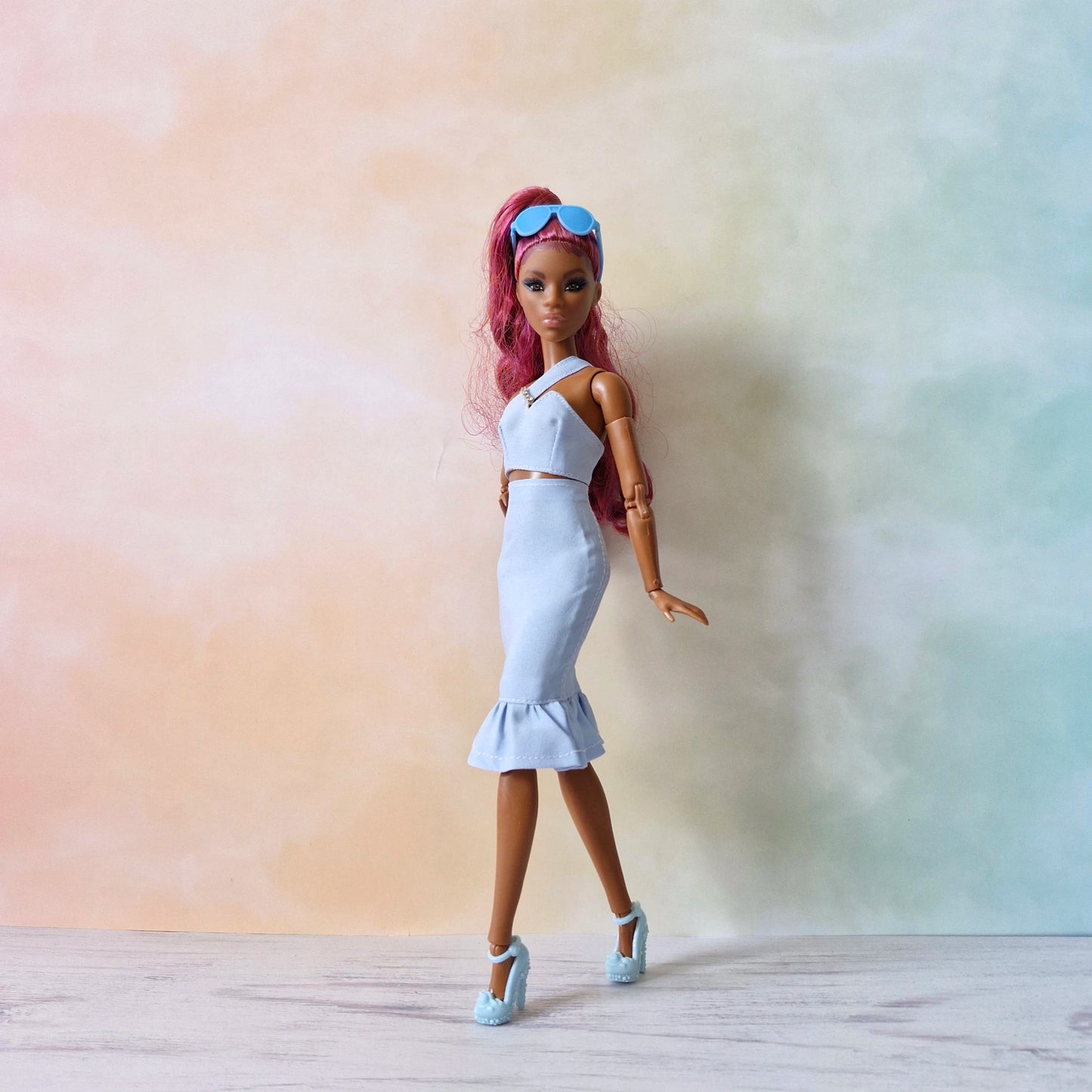Barbie Pastel Blue Asymmetrical Crop Top  and Skirt Set