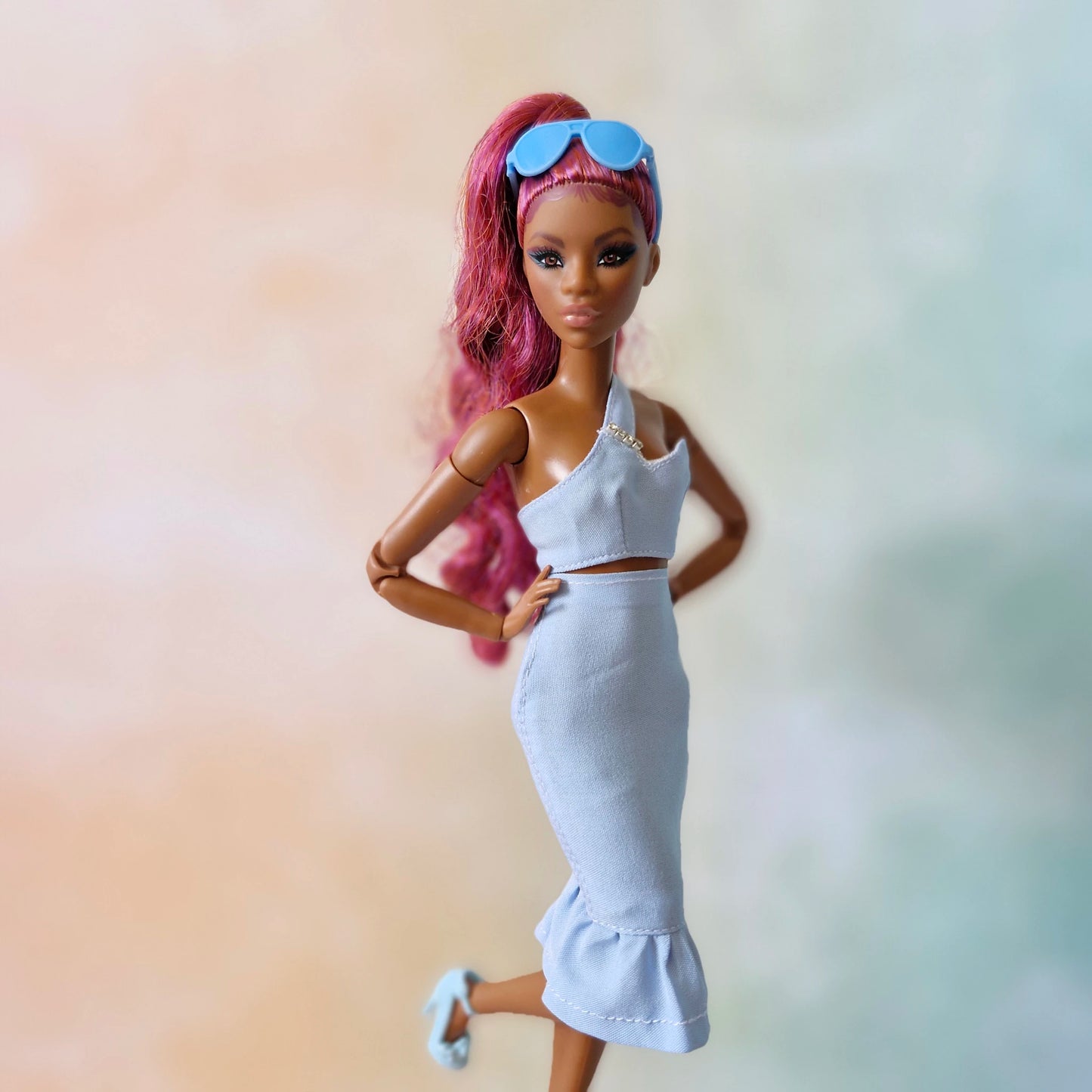 Barbie Pastel Blue Asymmetrical Crop Top  and Skirt Set