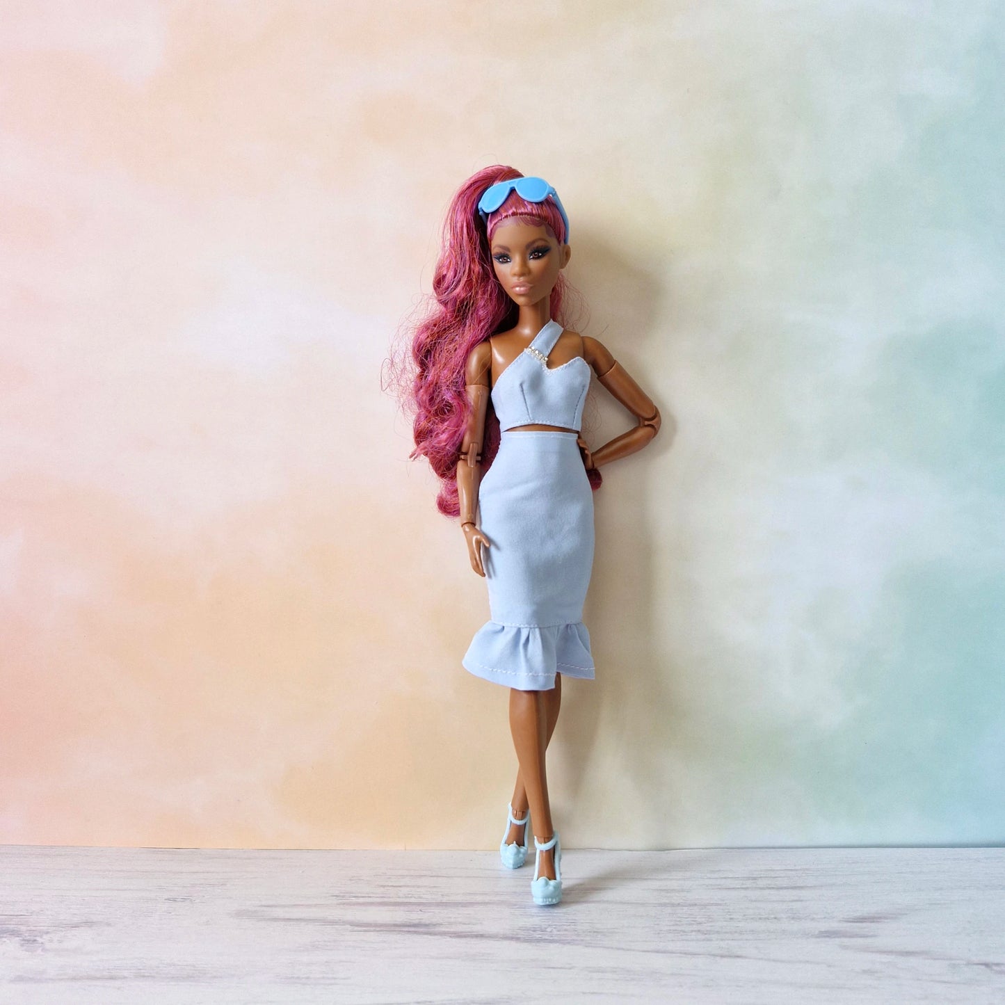 Barbie Pastel Blue Asymmetrical Crop Top  and Skirt Set