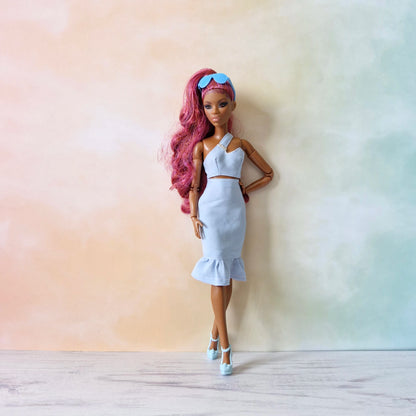 Barbie Pastel Blue Asymmetrical Crop Top  and Skirt Set