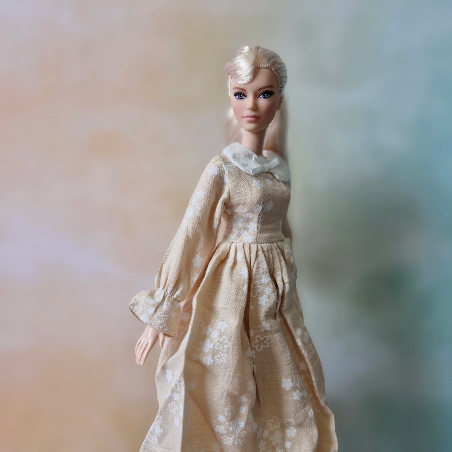 Barbie Vintage-Inspired Beige Floral Print Dress with Peter Pan Collar