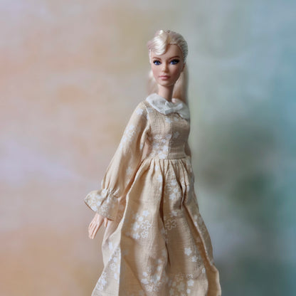 Barbie Vintage-Inspired Beige Floral Print Dress with Peter Pan Collar