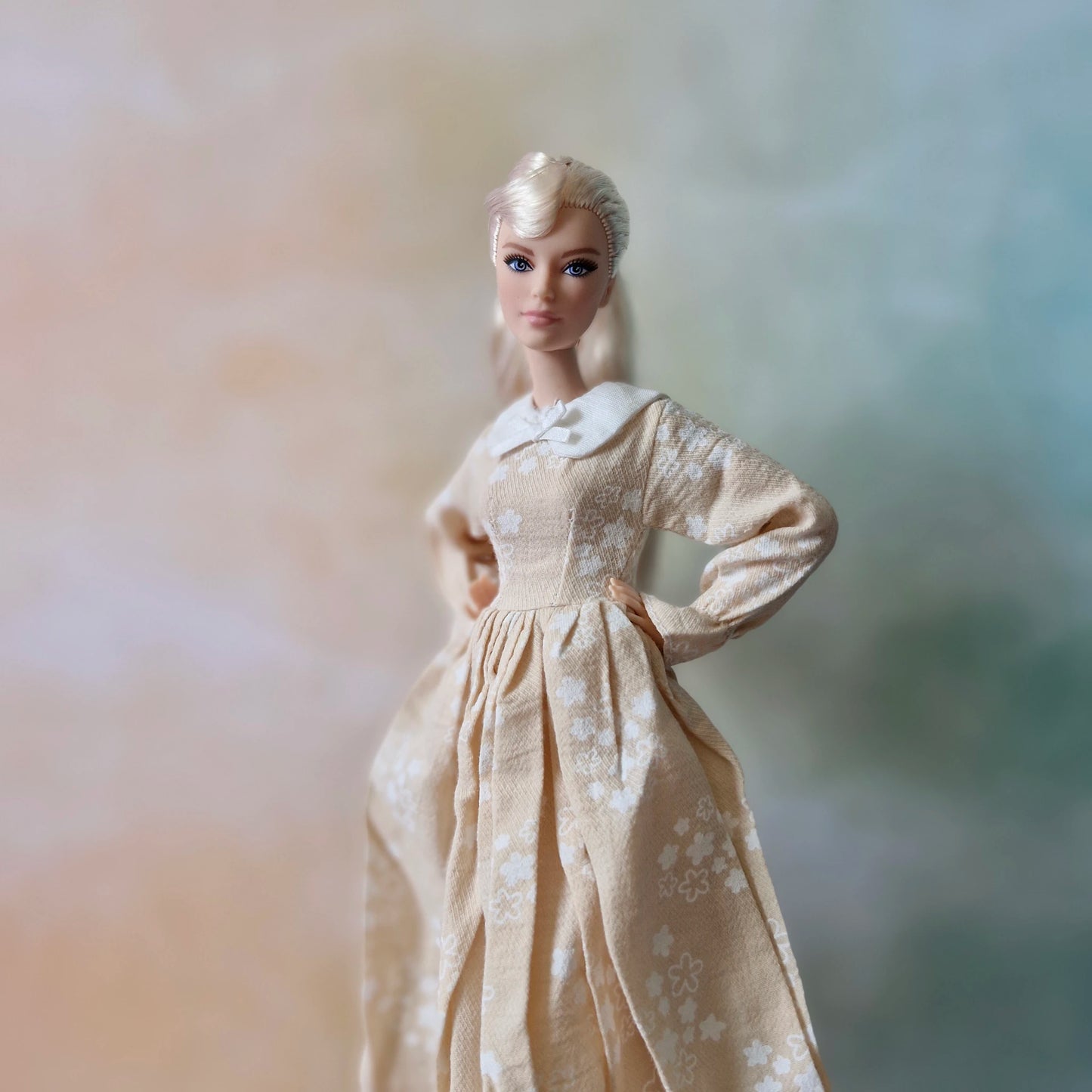 Barbie Vintage-Inspired Beige Floral Print Dress with Peter Pan Collar