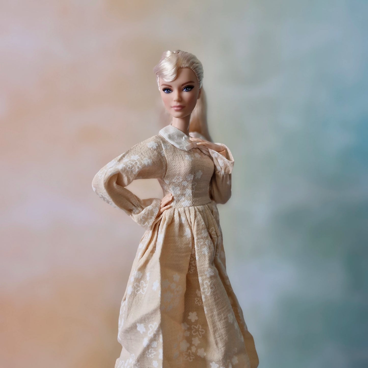 Barbie Vintage-Inspired Beige Floral Print Dress with Peter Pan Collar