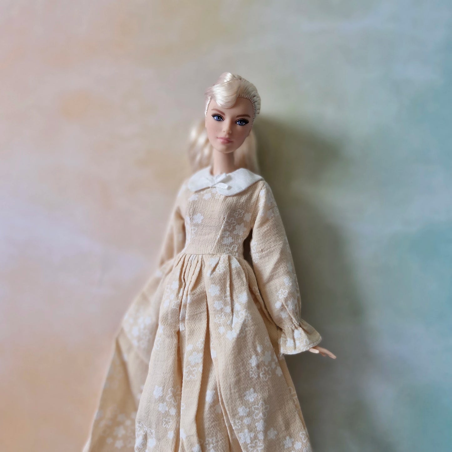 Barbie Vintage-Inspired Beige Floral Print Dress with Peter Pan Collar