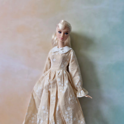 Barbie Vintage-Inspired Beige Floral Print Dress with Peter Pan Collar