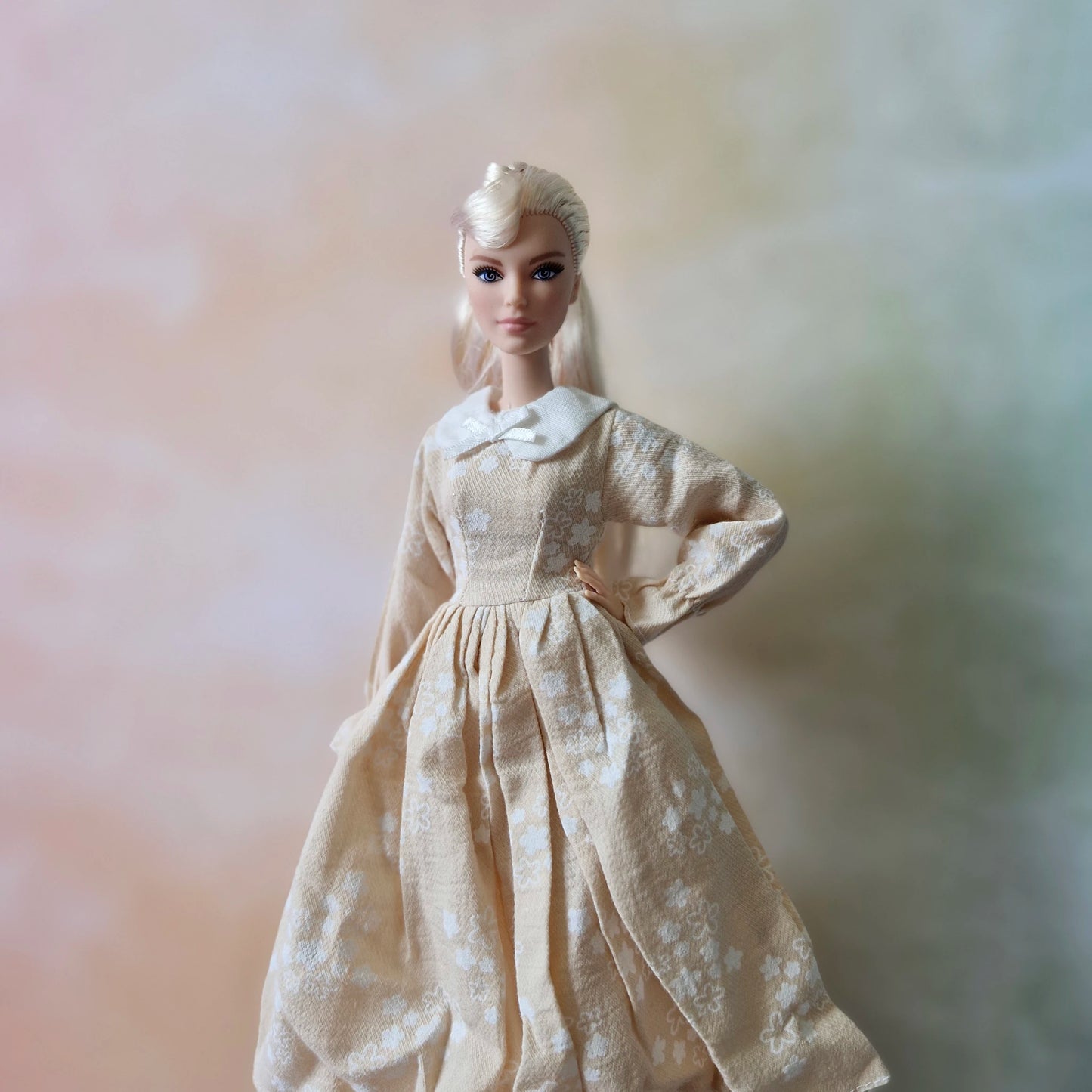Barbie Vintage-Inspired Beige Floral Print Dress with Peter Pan Collar