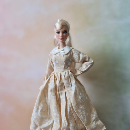 Barbie Vintage-Inspired Beige Floral Print Dress with Peter Pan Collar