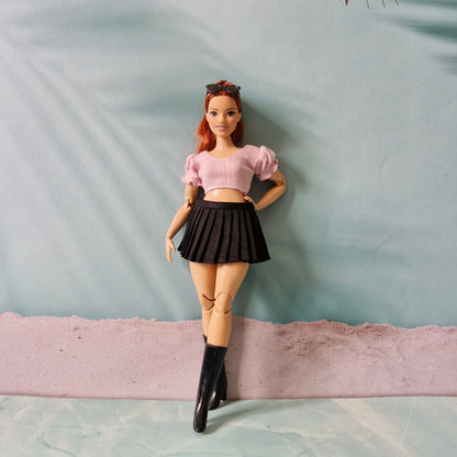 Pink Puff Sleeve Crop Top & Black Pleated Skirt for Curvy Barbie