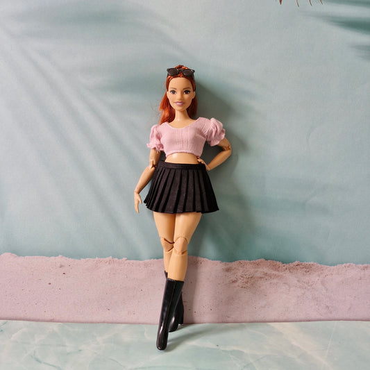 Pink Puff Sleeve Crop Top & Black Pleated Skirt for Curvy Barbie