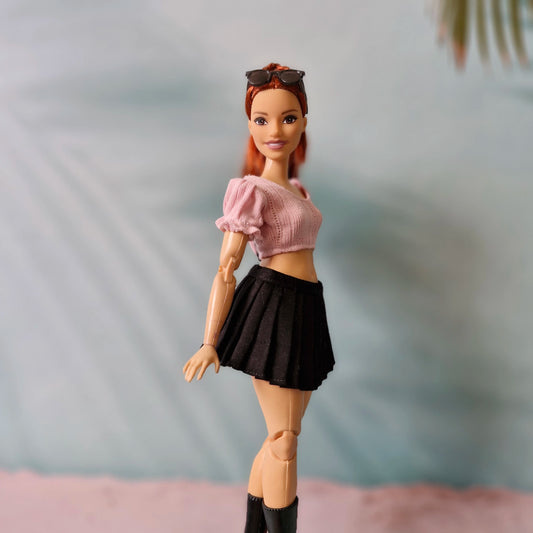 Pink Puff Sleeve Crop Top & Black Pleated Skirt for Curvy Barbie