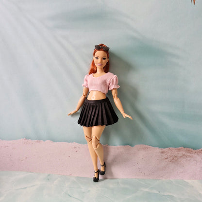 Pink Puff Sleeve Crop Top & Black Pleated Skirt for Curvy Barbie