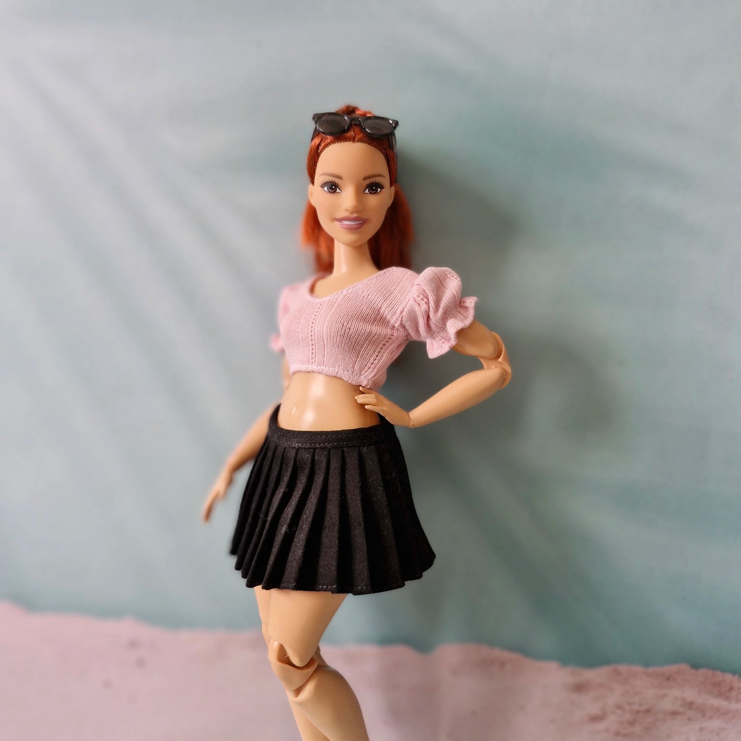Pink Puff Sleeve Crop Top & Black Pleated Skirt for Curvy Barbie