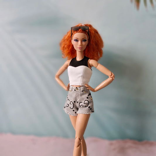 "Street Style" Barbie Clothes: Black & White Top and Printed Shorts