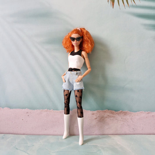 "Street Style" Barbie Clothes: Black & White Top and Printed Shorts