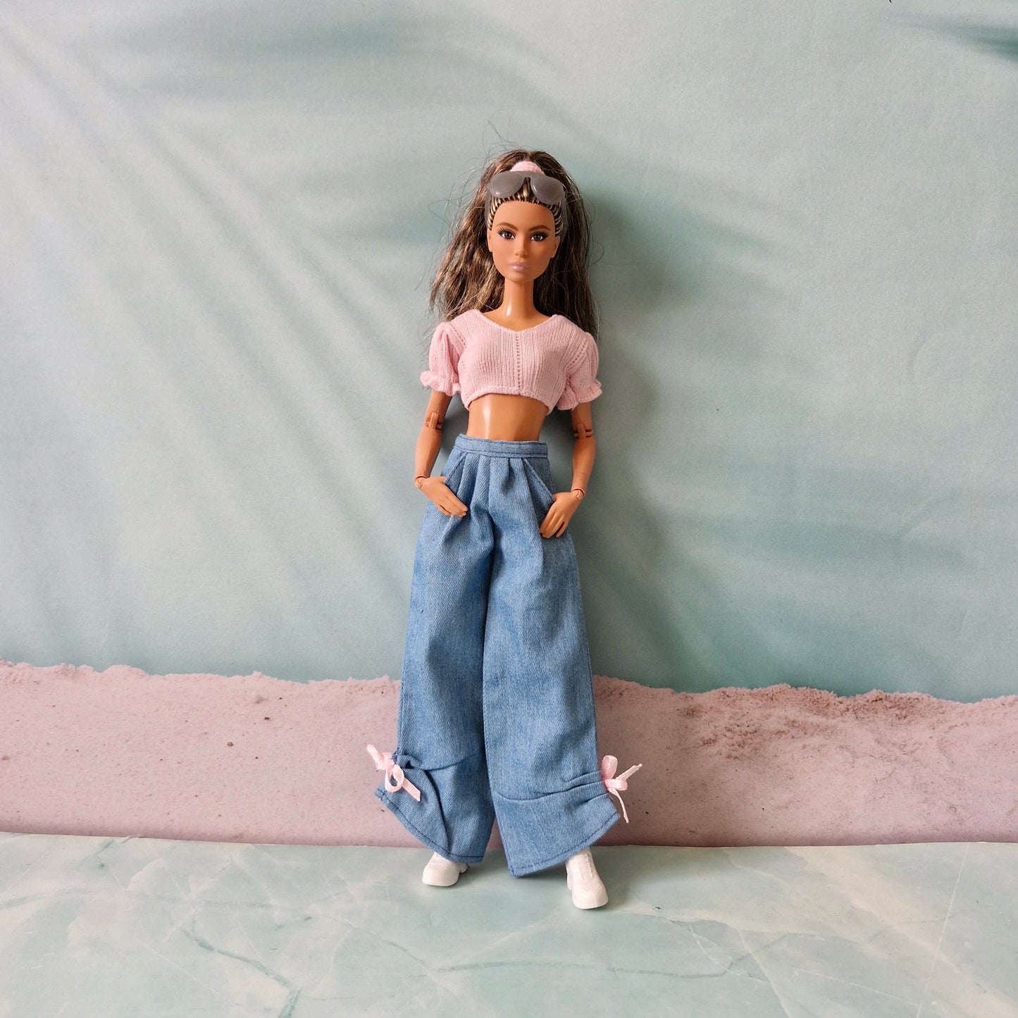 "Sweet Denim" Barbie Clothes Set | Pink Bow Jeans & Puff Sleeve Top
