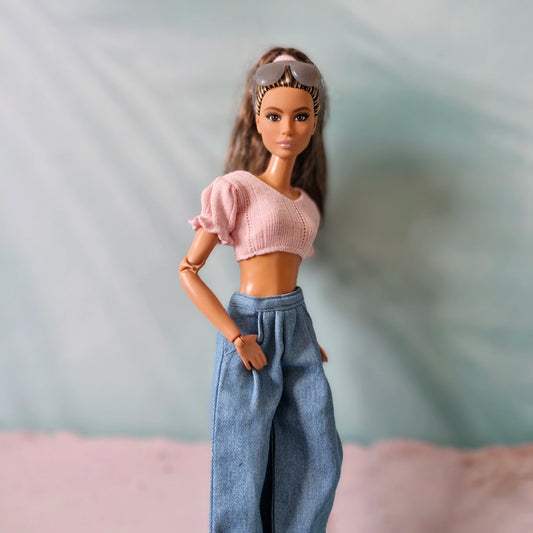 "Sweet Denim" Barbie Clothes Set | Pink Bow Jeans & Puff Sleeve Top