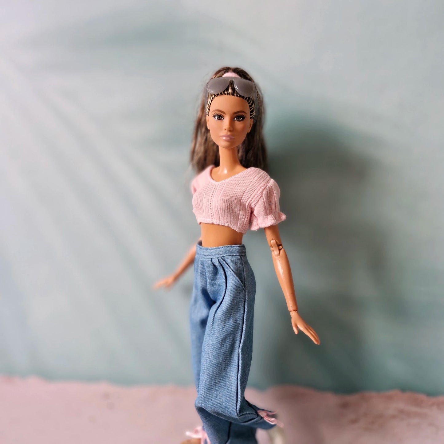 "Sweet Denim" Barbie Clothes Set | Pink Bow Jeans & Puff Sleeve Top