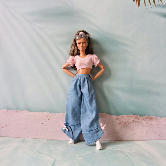 "Sweet Denim" Barbie Clothes Set | Pink Bow Jeans & Puff Sleeve Top