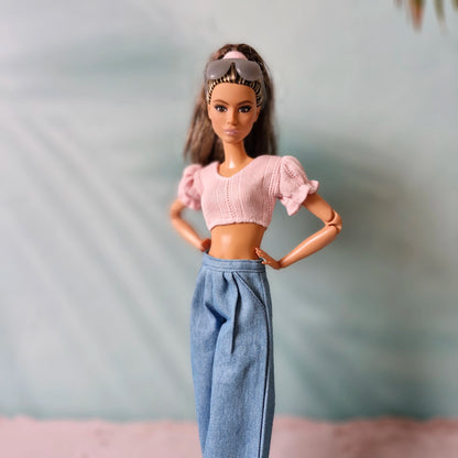 "Sweet Denim" Barbie Clothes Set | Pink Bow Jeans & Puff Sleeve Top